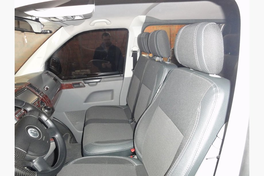 Volkswagen T5 Transporter 2003-2010 Fundas de Asientos de Coche (Polipiel↗Tela, Premium) Juego Completo Interior ↗ Asientos Delanteros (2↗1) Foto 2