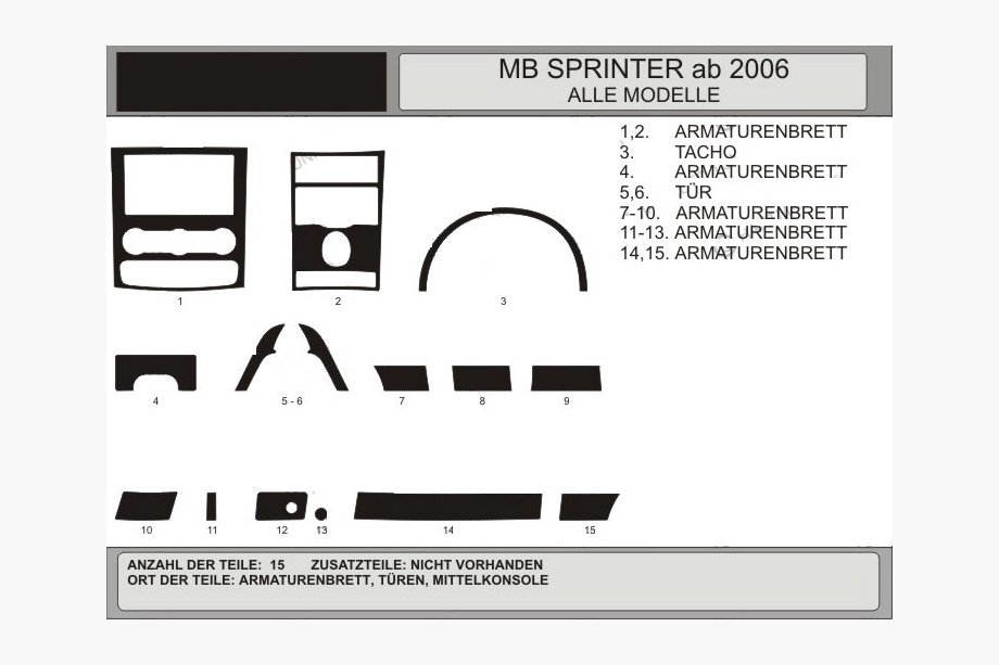 Mercedes Sprinter W906 2006–2018 Kit de molduras para salpicadero (15 piezas, VIP-Hartman) Aluminio Image