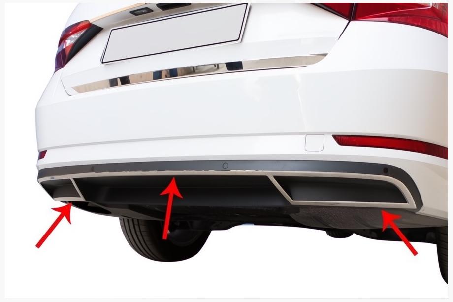 Skoda Superb 2015-2024 Molduras de extremo de parachoques trasero Carmos (3 uds, acero inoxidable) Image