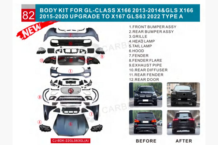 Mercedes GL/GLS class X166 2012-2019 Kit de conversion facelift de X166 a GLS63 X167 (Type-A) Image