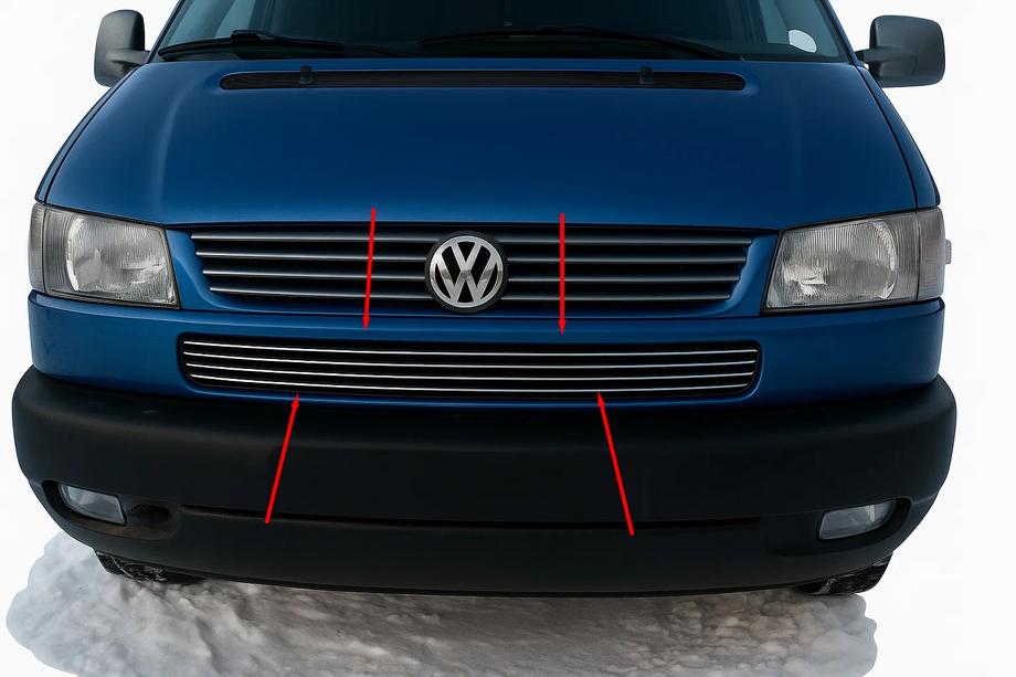Volkswagen T4 Transporter 1990-2003 Molduras para rejilla de parachoques Capo inclinado (4 uds, acero inoxidable) Foto 1